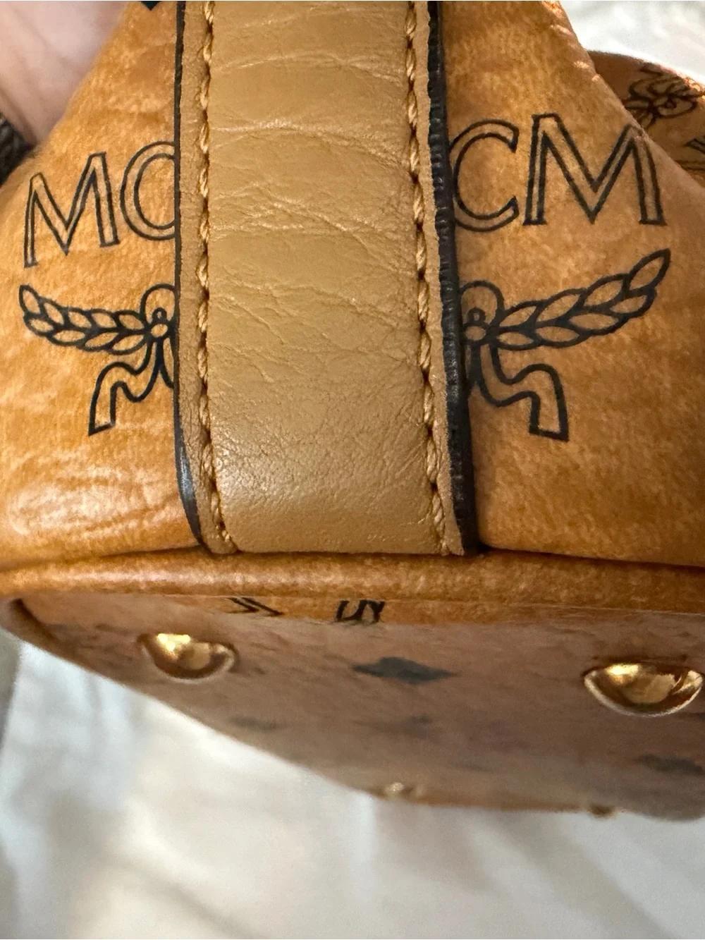 MCM Cognac Logo Print Shoulder Bag with Gold Plate